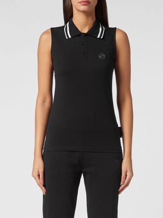 Plein Sport Sleeveless Cotton Polo Shirt with Striped Collar
