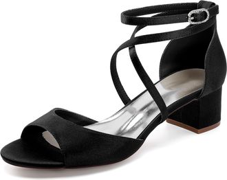 Generic Womens Block Heels Wedding Shoes Satin Bridal Low Heels Shoes Open Toe Ankle Strap Party Dress Heels Sandals 4.5Cm,Black,10 UK