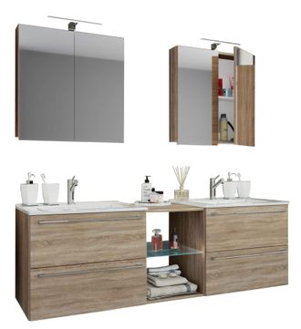 VCM 3 Pcs Set 2 Lavabo, 2 Gabinete Espejo, 2 Lavabo, 1 Compartimento Medio Lavabo Cer&aacute;mico Gabinete Inferior 155 Cm Mueble De Ba&ntilde;o Set Doble Lavadero - Ba