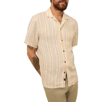 Faherty Laguna Stripe Linen Camp Shirt in Oak Island Stripe at Nordstrom Rack, Size Xx-Large