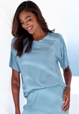 s.Oliver Pyjamaoberteil S.OLIVER, Damen, Gr. 32/34, blau (hellblau, meliert), Rippware, Obermaterial: 92% Modal (TENCEL), 8% Elasthan, meliert, loose fit h&uuml;ftl