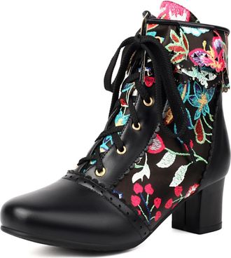 Generic Womens Retro Round Toe Faux Leather Ankle Boots Floral Embroidery Lace Up Block Heels Comfortable Anti-Slip Durable for Party Daily Outings,Black,9.5 