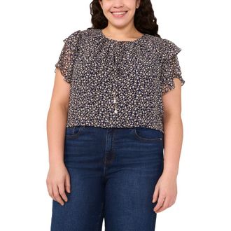 CeCe by Cynthia Steffe Floral Tie Neck Flutter Sleeve Top in Classic Navy at Nordstrom Rack, Size 1X