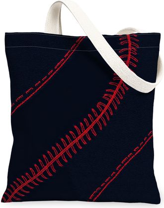 Generic Baseball Stitch Canvas Tote Bags, Sport Pattern Reusable Grocery Bags, Summer Casual Lightweight Washable Shoulder Strap Ca, Navy, 13x15 Inch