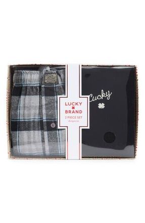 Lucky Brand Thermal Henley & Flannel Pajama Pants Set in Jet Black/December Sky Plaid at Nordstrom Rack, Size X-Large