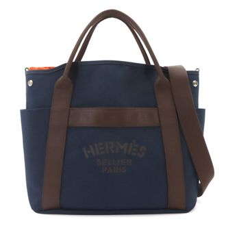 Herm&egrave;s Brown Navy Canvas Leather Handbag Tote Bag (Pre-Owned)