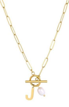Adornia 18K Gold Plated Pearl & Initial Toggle Pendant Necklace in White/Gold-J at Nordstrom Rack