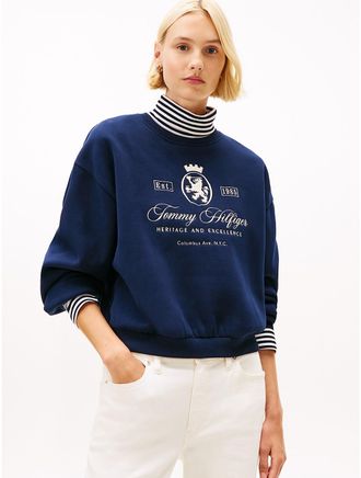 Tommy Hilfiger Womens Embroidered Script Crest Logo Sweatshirt - Navy - S