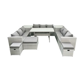 Fimous Rattan Garden Outdoor Furniture Set 12 Seater Garden Sofa Rectangulr Dining Table Set with 3 Footstools 2 Side Tables Light Grey Mixed
