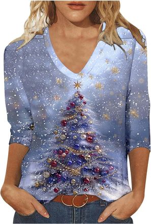 Generic OVARA Christmas Tops for Women V Neck Xmas Jumpers Ladies 3/4 Sleeve Christmas T Shirts Stylish Casual Xmas Printed Tunic Blouses for Holiday Party Go