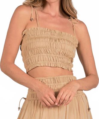 Elan Nikki Smocked Crop Top In Taupe
