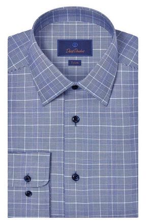 David Donahue Trim Fit Glen Plaid Twill Cotton Dress Shirt in Navy at Nordstrom, Size 17.5 - 34