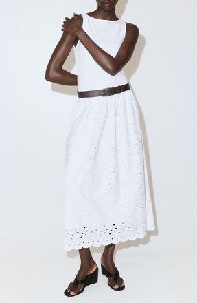 Mango Openwork Embroidered Stretch Cotton Midi Dress in White at Nordstrom, Size 10