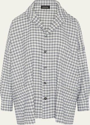 Eskandar Mini Houndstooth Wide Longer-Back Double Stand-Collar Shirt Jacket (Long Length)