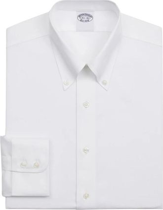 Brooks Brothers Wit Slim Fit Non-Iron Stretch Supima Katoen Twill Overhemd met Button Down Kraag - Heren - Zakelijke Overhemden - Wit - XL - Katoen - Overhemden