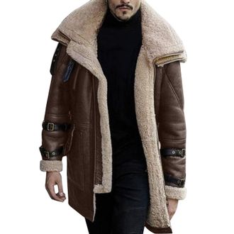 Generic IQYU Waterproof Jackets Men Long Vintage Lapel Collar Long Sleeve Gilets Leisure Thicken Sheepskin Coat Male Fleece Lined Windbreaker Top Shacket Plus