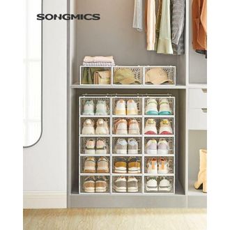 Songmics Songmics - Cajas para Zapatos Transparentes, 18 Cajas de Zapatos, Organizadores Plegables, Talla 44, Apilables, para Exponer Zapatillas, Tacones