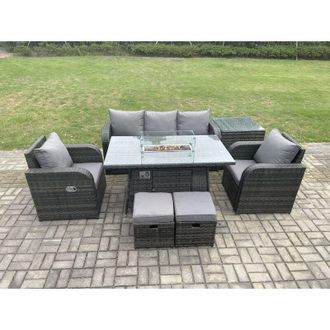 Fimous Fimous Outdoor Rattan Garden Furniture Set Propane Gas Fire Pit Table Burner with Lounge Sofa Side Tables 2 Small Footstool