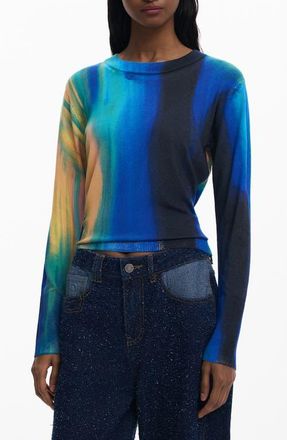 Desigual Abstract Print Fine Gauge Crewneck Sweater in Blue at Nordstrom, Size X-Small
