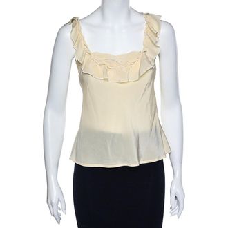 Love Moschino Cream Silk Ruffled Neck Sleeveless Top