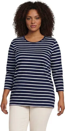 Lands End 3/4 Sleeve Cotton Supima Tunic in Deep Sea/ivory Breton Stripe at Nordstrom, Size 1X