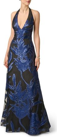 Aidan Mattox Halter Organza Jacquard Gown in Navy/black at Nordstrom, Size 14