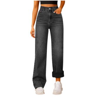 Generic Fleece Lined Jeans Women Stretchy High Waisted Wide Leg Baggy Jeans for Women Winter Jean Pants Womens Casual Fleece Lined Straight Leg Winter Thermal