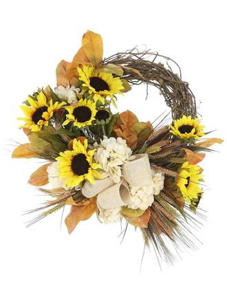 Creative Displays Inc. 23In Modern Fall Wreath With Sunflowers, Hydrangeas & Bows