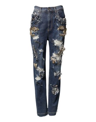 Dolce & Gabbana Womens Blue Cotton Rhinestone Embellish Denim Jeans Co+01 Clothing