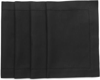 Solino Home Cotton Linen Hemstitch Placemats Set of 4, 14 x 19 Inch for Dining Table, Holiday and Everyday Table Decor in Black at Nordstrom, Size