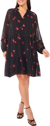 CeCe by Cynthia Steffe Metallic Fleck Floral Long Sleeve Babydoll Dress in Rich Black at Nordstrom, Size 2X