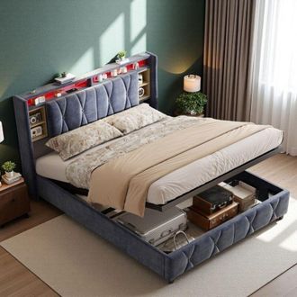 OEM Cama Doble 140x200 - Azul Noche - Funci&oacute;n Elevaci&oacute;n - Cofre De Almacenamiento - Dise&ntilde;o Contempor&aacute;neo