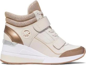 Michael Kors Gentry Leren en Glitter Ketting Mesh Hoge Wedge Trainer - Dames - Sneakers - Beige - 36 EU - Katoen - Schoenen