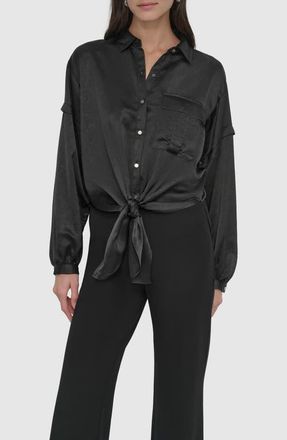 DKNY Tie Front Satin Shirt in Black at Nordstrom, Size X-Small