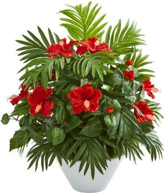 Nearly Natural Hibiscus and Areca Palm Artificial Plant in White Bowl in Red at Nordstrom