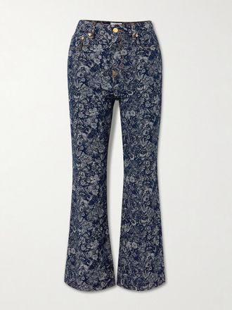 Ganni Jeans Cropped A Gamba Dritta E Vita Alta In Denim Biologico Jacquard Floreale Betzy - Blu