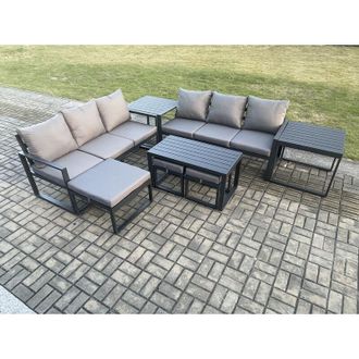 Fimous Fimous Aluminium 9 Seater Garden Furniture Outdoor Patio Sofa Set with Rectangular Coffee Table 3 Footstools 2 Side Tables Dark Grey