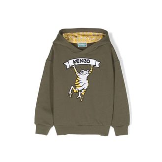 Kenzo Kids Sweatshirts, male, Green, 10 Y, Logo-Print Cotton Blend Hoodie