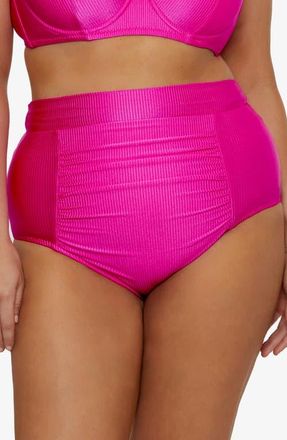 Becca Etc by Rebecca Virtue Monte Carlo Ruched High Waist Bikini Bottoms in Azalea at Nordstrom, Size 3X