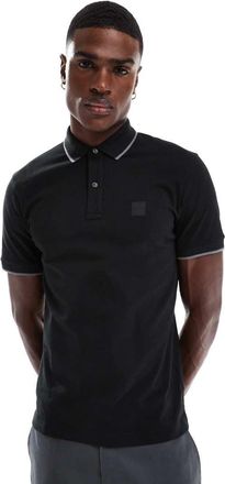 Boss Orange by Hugo Boss Passertip Icon - Polo piqu&eacute; nera slim fit con logo e righe a contrasto sui bordi-Nero