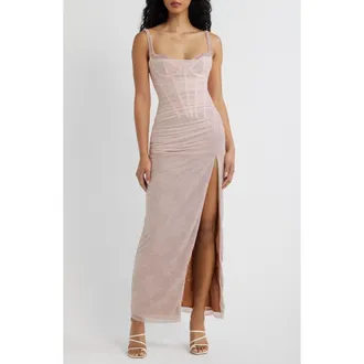 House of CB Lini Ruched Lace Sleeveless Mesh Gown in Baby Pink at Nordstrom, Size X-Small