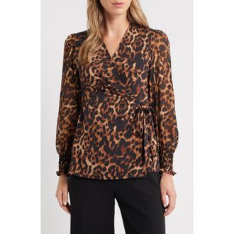 Anne Klein Smocked Cuff Wrap Top in Anne Black Multi at Nordstrom, Size Xx-Small