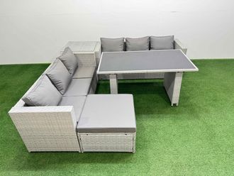 Fimous 7-seater Patio Rectangular Table Sofa Set with Side Table Big Stool in Light Grey