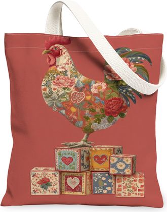 Generic Vintage Floral Canvas Tote Bags, Colorful Rooster Design Reusable Grocery Bags, Lightweight Washable Shoulder Strap Canvas, Coral, 13x15 Inch