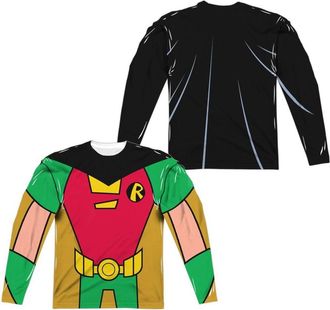 Gildan Teen Titans Go Robin Uniform (Front/Back Print) Long Sleeve Adult Poly Crew Tee / T-Shirt