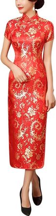 Generic Vintage Short Sleeve Maxi Cheongsam Print High Slit Side Traditional Chinese New Year Party Bodycon Costume, Phoenix Red, L