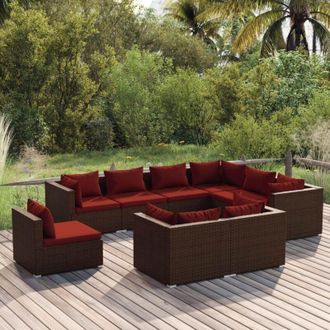 vidaXL Set Muebles De Jard&iacute;n 9 Piezas Y Cojines Rat&aacute;n Sint&eacute;tico Marr&oacute;n Vidaxl