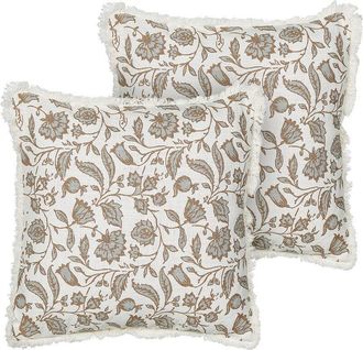 Beliani Conjunto De 2 Cojines De Algod&oacute;n Decorativos Hechos A Mano Estampado Floral Cuadrado Funda Extra&iacute;ble 45 X 45 Cm Blanco Y Gris Livistona