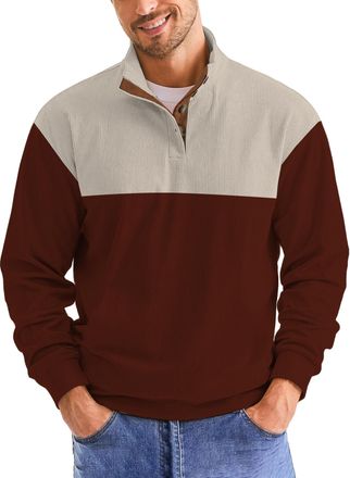 Generic Mens Sweatshirt Retro Vintage Knit Print Sweater 3D Printed Stand Up Collar Long Stand Collar Henley Button Pullover Top