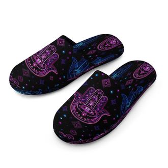 Generic Neon Glowing Hamsa Mandala Mens Cozy Memory Foam Slippers Warm Cotton House Shoes Comfy Slipper for Indoor Outdoor